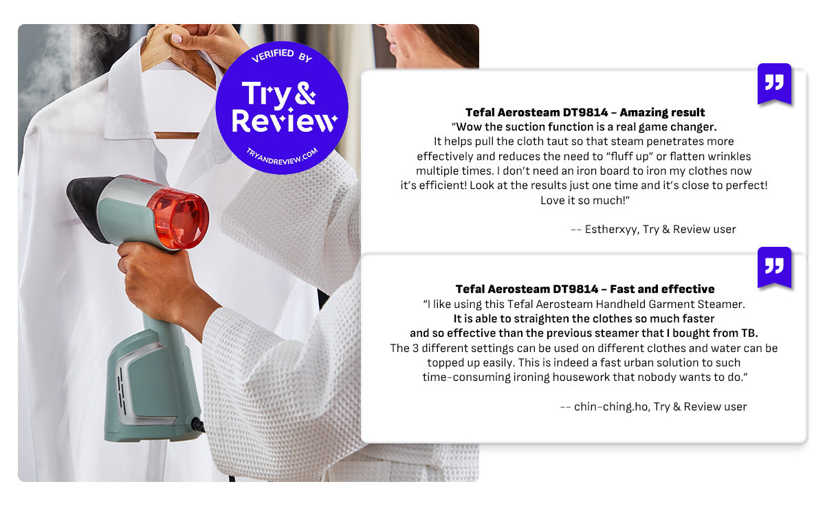 (NEW) Tefal Aerosteam Handheld Garment Steamer DT9814 – OptiFlow Suction Technology, 1400W, 20g/min Steam, 100ml Water Tank, Safe for All Fabrics