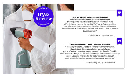 (NEW) Tefal Aerosteam Handheld Garment Steamer DT9814 – OptiFlow Suction Technology, 1400W, 20g/min Steam, 100ml Water Tank, Safe for All Fabrics