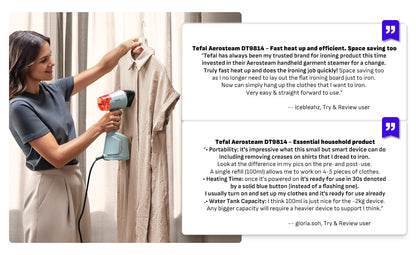 (NEW) Tefal Aerosteam Handheld Garment Steamer DT9814 – OptiFlow Suction Technology, 1400W, 20g/min Steam, 100ml Water Tank, Safe for All Fabrics