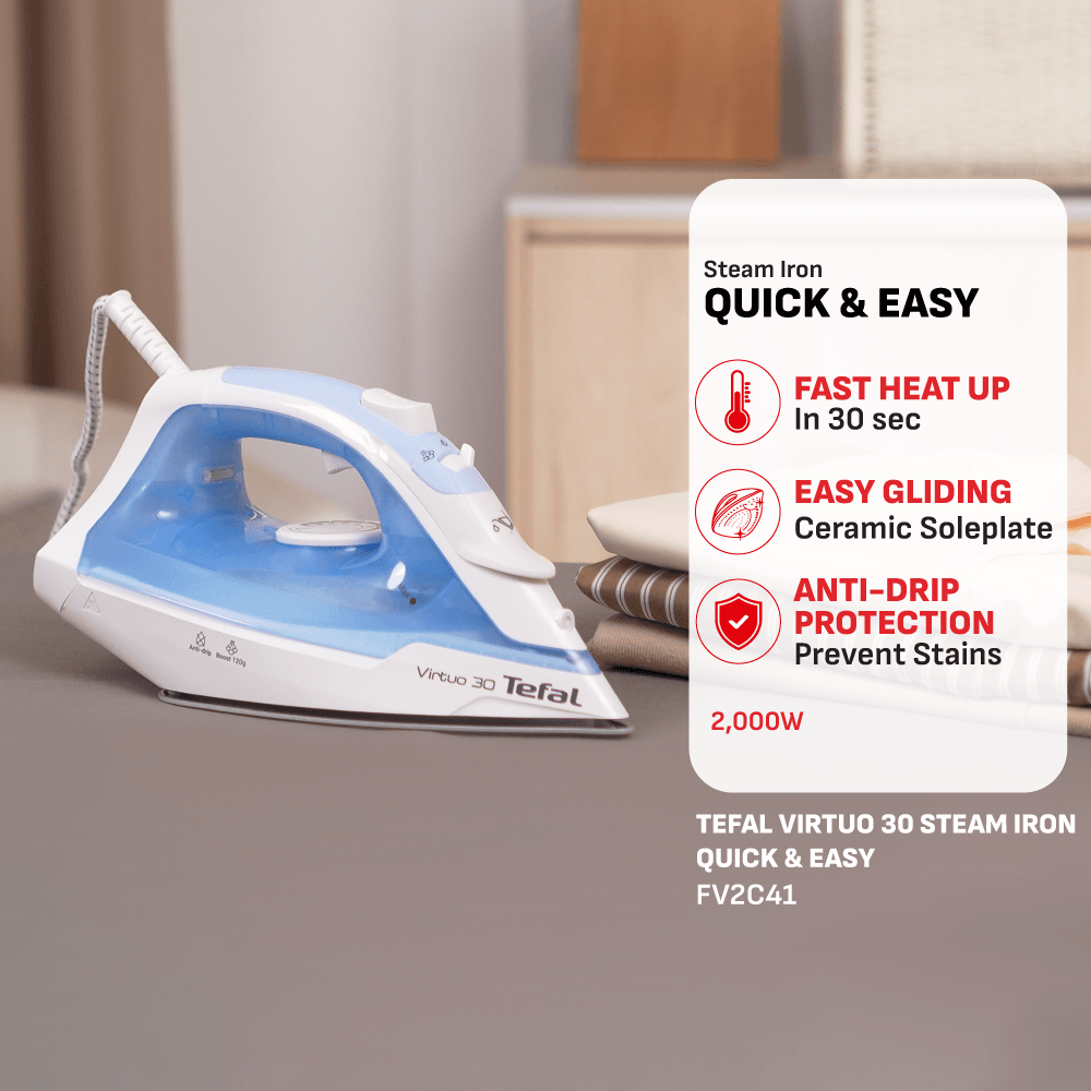 Tefal Virtuo 30 Steam Iron FV2C41 – Quick & Easy, Powerful 2000 Watts, Steam Boost 120g/min (FV1721 available)