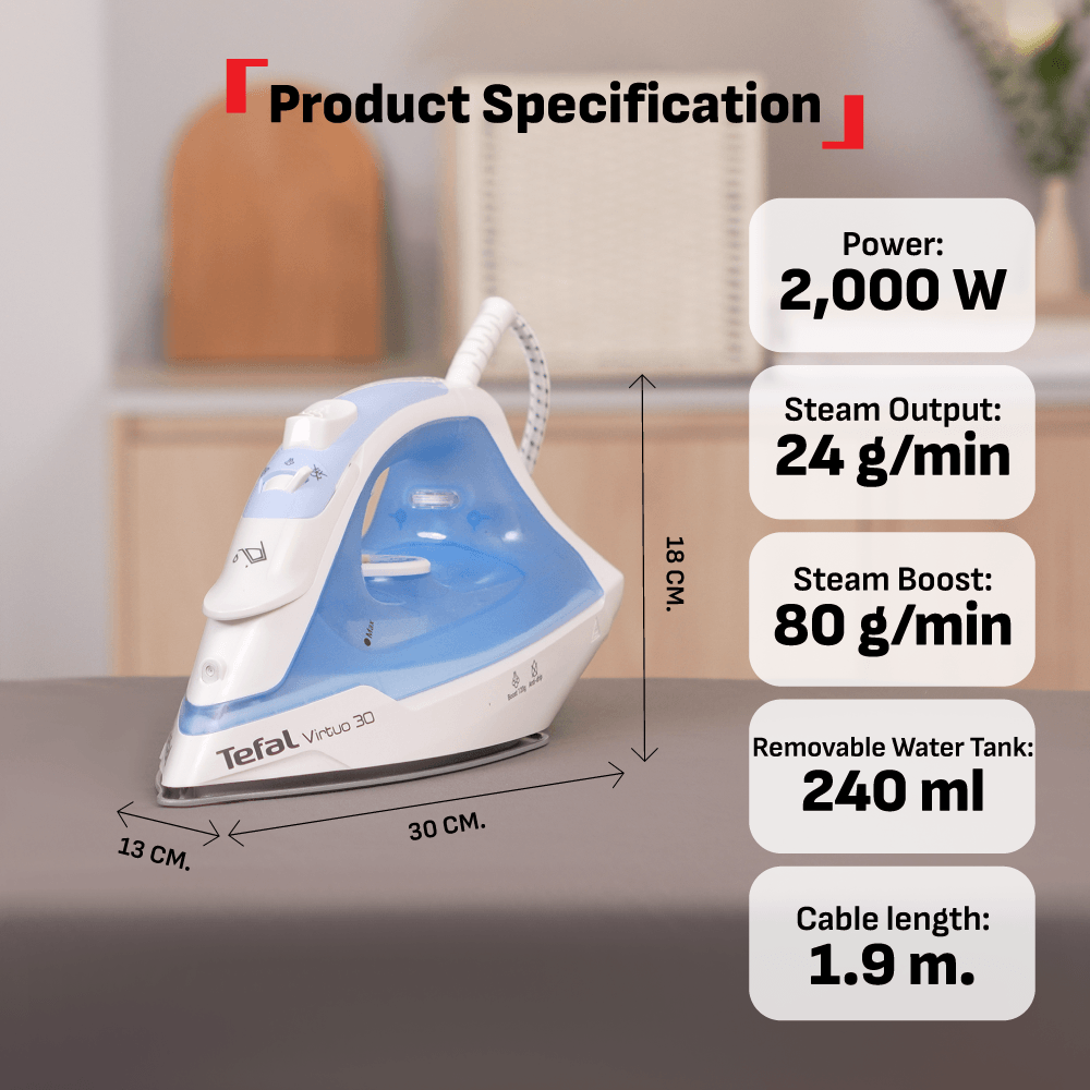 Tefal Virtuo 30 Steam Iron FV2C41 – Quick & Easy, Powerful 2000 Watts, Steam Boost 120g/min (FV1721 available)