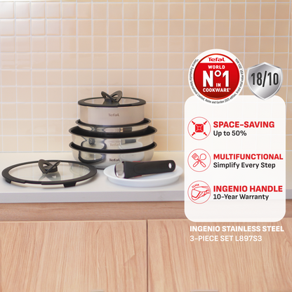 Tefal Ingenio Stainless Steel Sets- Edition (3pc) L897S3/Effective (6pc) L89796/White Gold Edition (8pc) L895S8