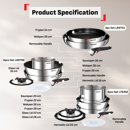 Tefal Ingenio Stainless Steel Sets- Edition (3pc) L897S3/Effective (6pc) L89796/White Gold Edition (8pc) L895S8