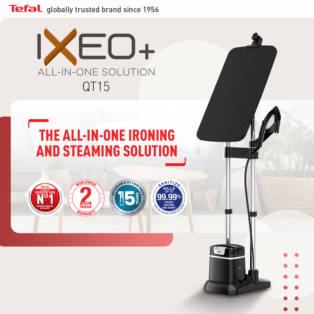 Tefal All-in-One Ironing IXEO+ Garment Steamer QT1510 - 3-position smart board, No burn - safe for all fabrics, removable base, 1L water tank, iron head