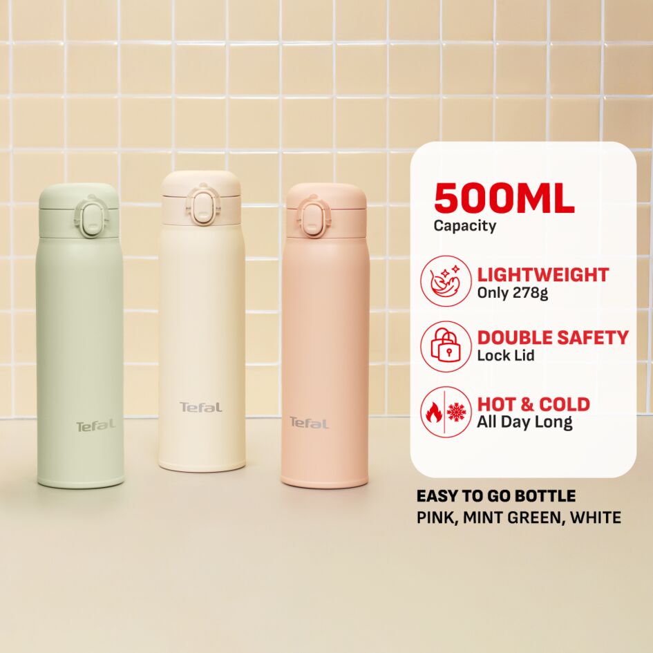 Tefal Easy to Go 500ml Vacuum Insulated Thermal Bottle - 6 hr Hot, 12 hr Cold, 316L Superior Stainless Steel, Leakproof