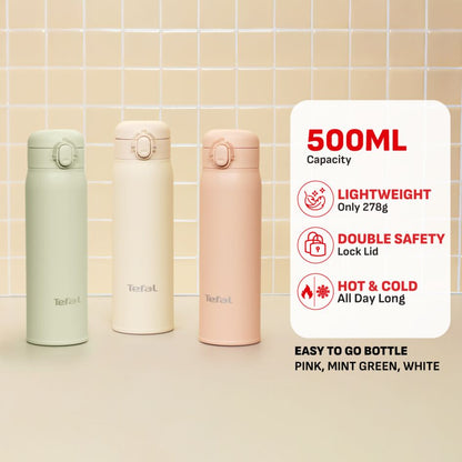 Tefal Easy to Go 500ml Vacuum Insulated Thermal Bottle - 6 hr Hot, 12 hr Cold, 316L Superior Stainless Steel, Leakproof