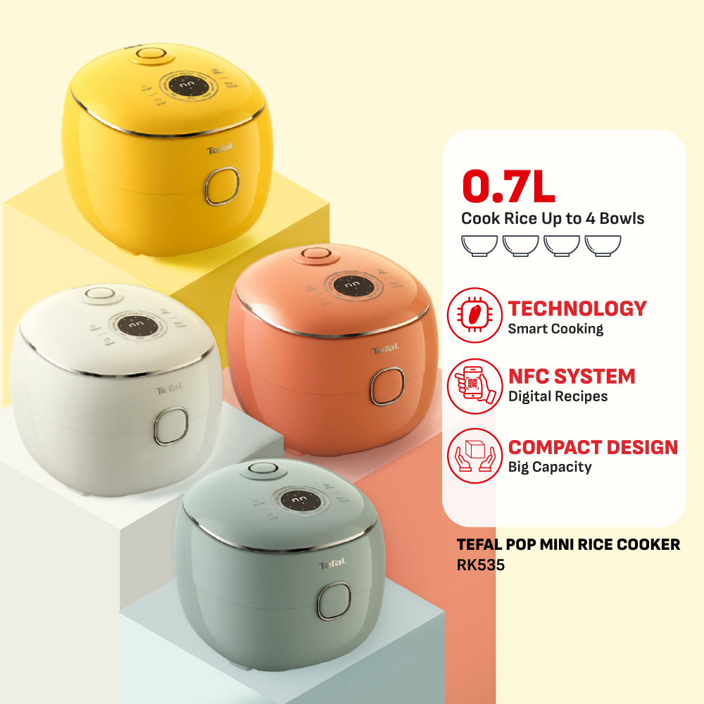 (NEW) Tefal POP 0.7L Rice Cooker - Small and Compact, Fuzzy Logic, 8 Programs, NFC Recipes, Removable Inner Lid