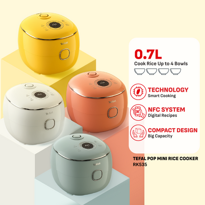 (NEW) Tefal POP 0.7L Rice Cooker - Small and Compact, Fuzzy Logic, 8 Programs, NFC Recipes, Removable Inner Lid
