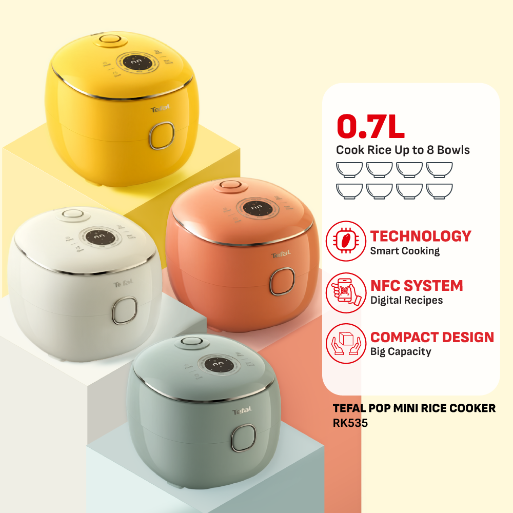 (NEW) Tefal POP 0.7L Rice Cooker - Small and Compact, Fuzzy Logic, 8 Programs, NFC Recipes, Removable Inner Lid