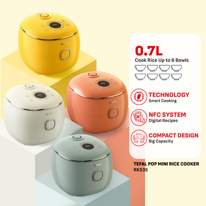(NEW) Tefal POP 0.7L Rice Cooker - Small and Compact, Fuzzy Logic, 8 Programs, NFC Recipes, Removable Inner Lid