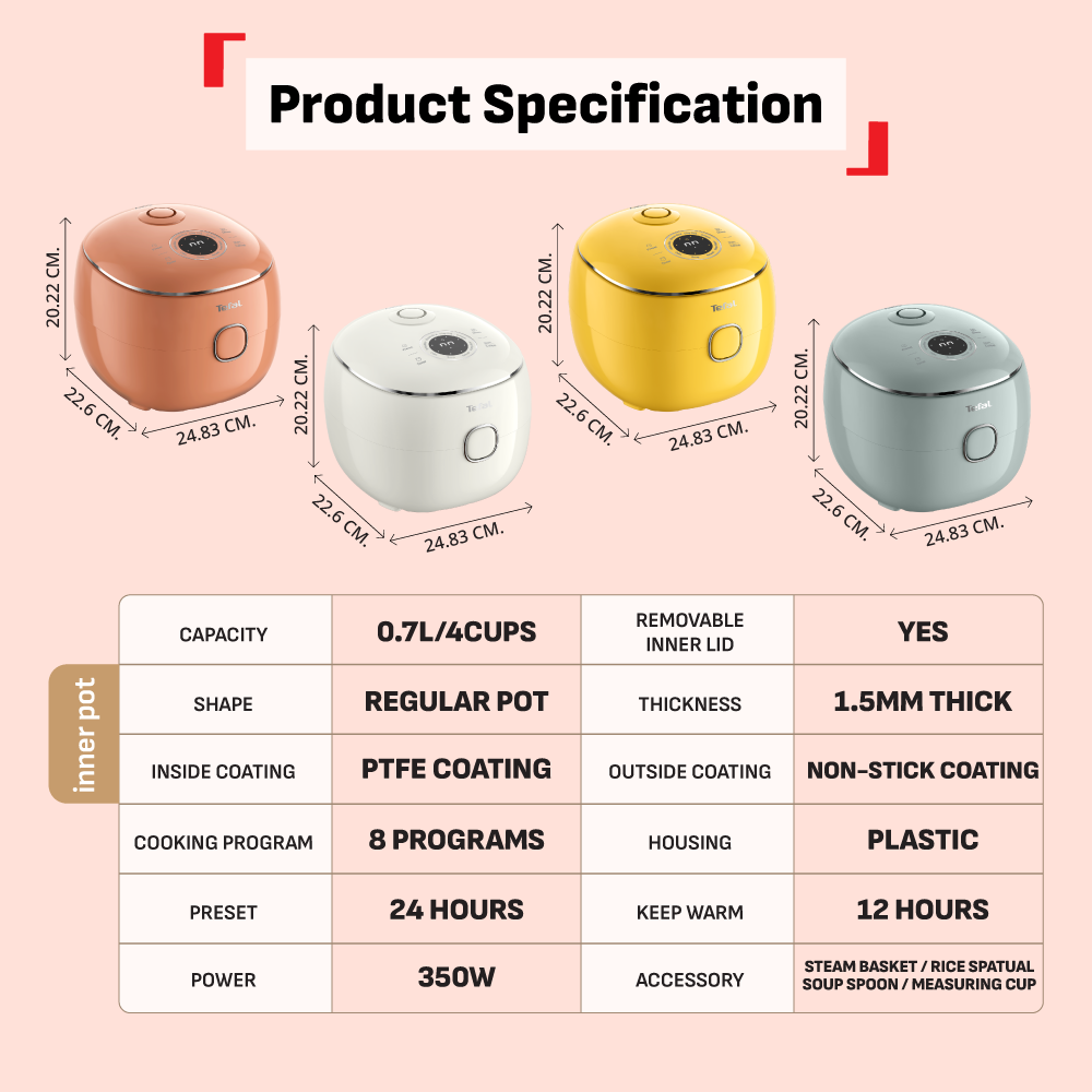 (NEW) Tefal POP 0.7L Rice Cooker - Small and Compact, Fuzzy Logic, 8 Programs, NFC Recipes, Removable Inner Lid