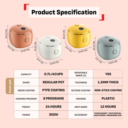 (NEW) Tefal POP 0.7L Rice Cooker - Small and Compact, Fuzzy Logic, 8 Programs, NFC Recipes, Removable Inner Lid