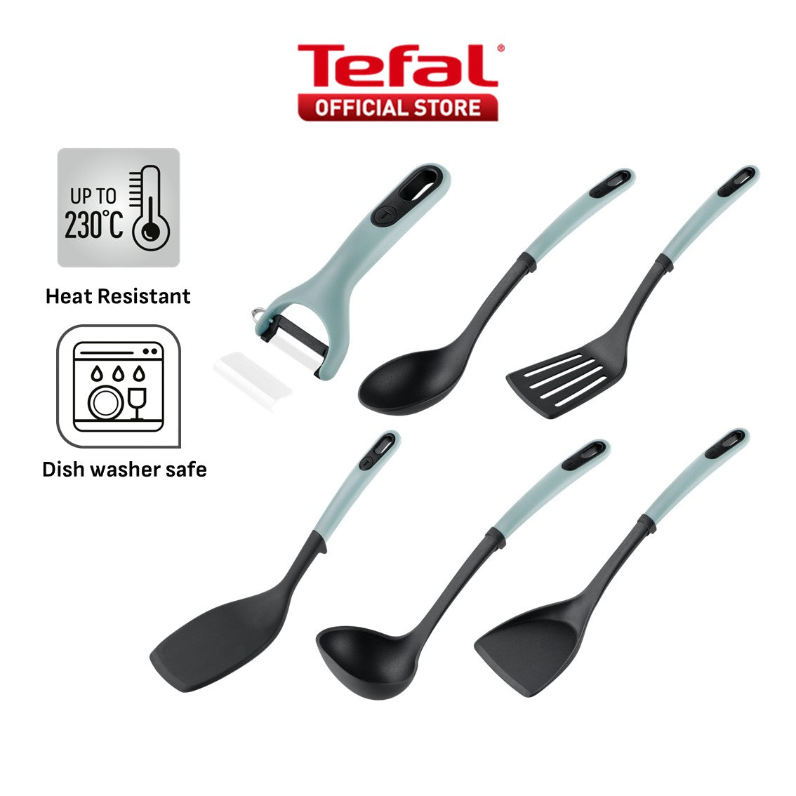 Tefal Ingenio+ Heat Resistant Kitchen Tools - Spoon, Ladle, Y Peeler, Angled Spatula, Slotted Turner, Wok Spatula