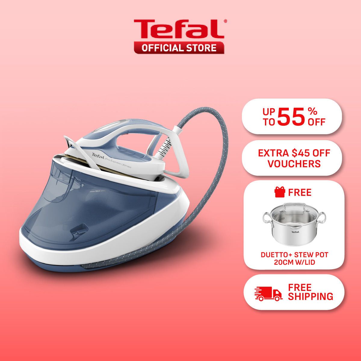 Tefal Pro Express Ultimate II Steam Generator with Ironing Board GV9710 - 2800W, up to 7.6 bar pressure, 580g/min steam boost, No burn - safe for all fabrics, Made in France