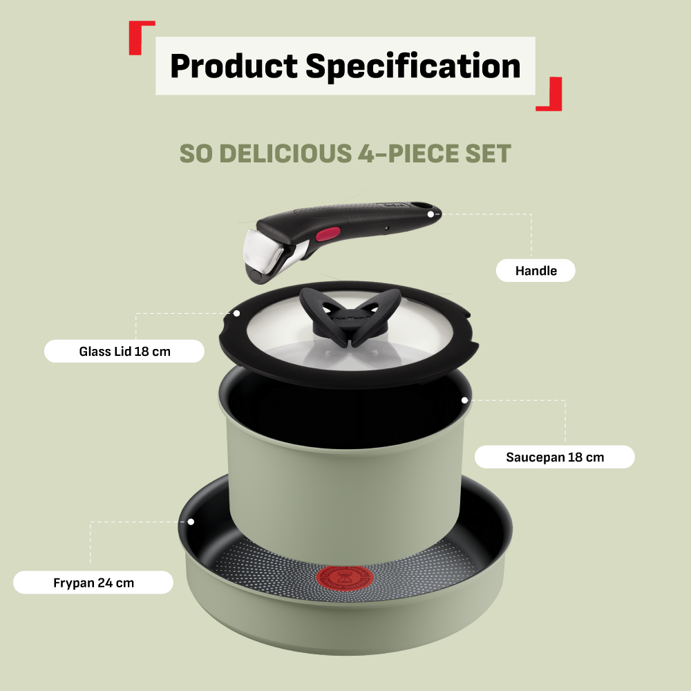 Tefal Ingenio So Delicious Cookware Set - 4pc/5pc, Saucepan w/lid, Frypan 24cm, Wokpan 26cm, Handle