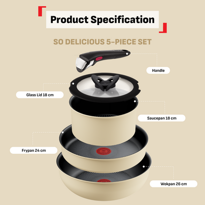 Tefal Ingenio So Delicious Cookware Set - 4pc/5pc, Saucepan w/lid, Frypan 24cm, Wokpan 26cm, Handle