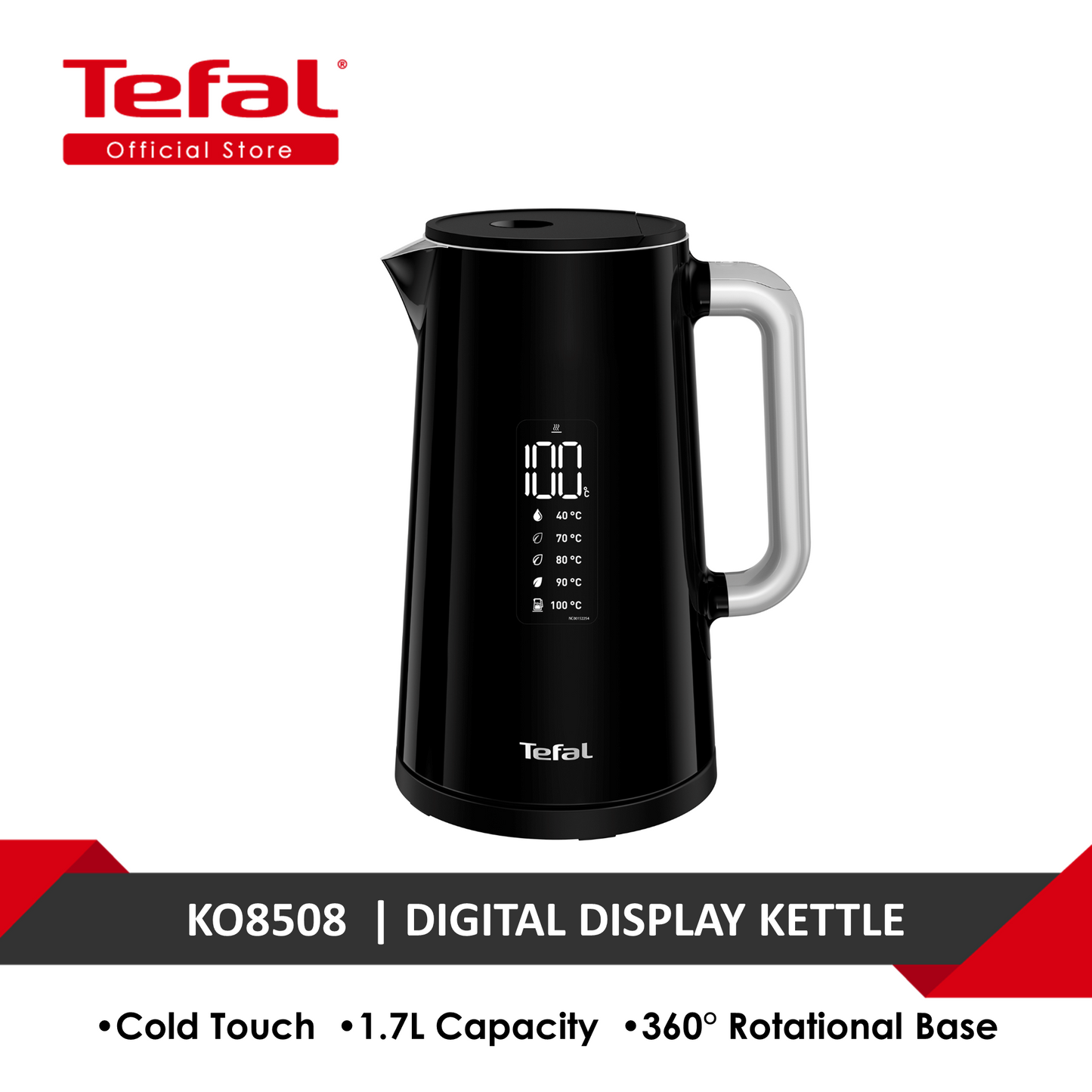 Tefal Digital Display Kettle 1.7L KO8508  Safe to touch, 5-temperature selection, 30min keepwarm,auto-off