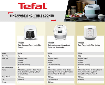 Tefal Delirice Compact Fuzzy Logic Spherical Rice Cooker 1L RK7501  10 Programmes, AI, 6-Layer, Ideal for Couples, 5.5 Cups