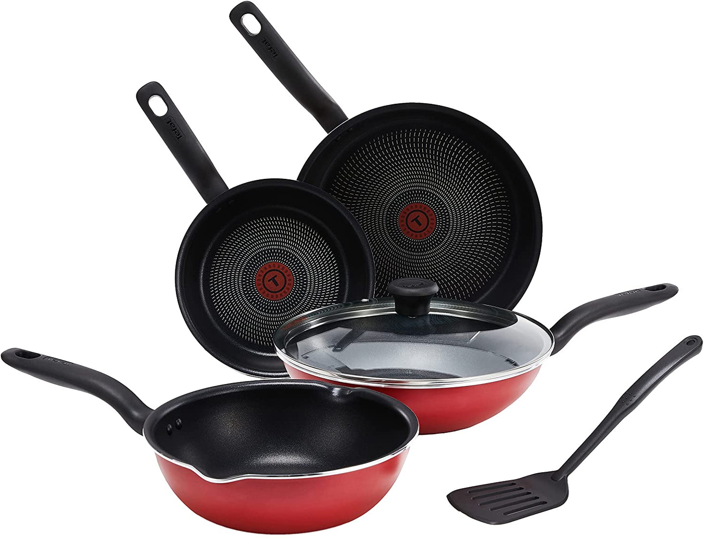 Tefal So Red 6pc Set (Frypan 20cm + Frypan 28cm + Wokpan 28cm With Lid + Deep Frypan 24cm + Spatula) C584S6