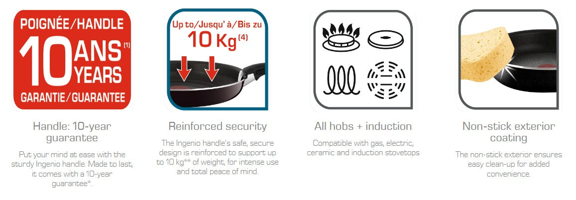 Tefal Ingenio Excellence Induction Black 6pc Set ( 26cm Frypan + 26cm Wok Pan + 18cm Saucepan + 18cm Glass Lid + 18cm Hermetic Lid + Handle ) L78190