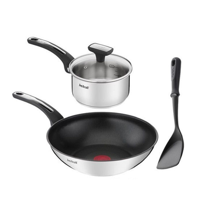 Tefal Emotion Stainless Steel 4pcs Set (Wok Pan 28cm, Saucepan 16cm with Lid & Spatula) CWS308