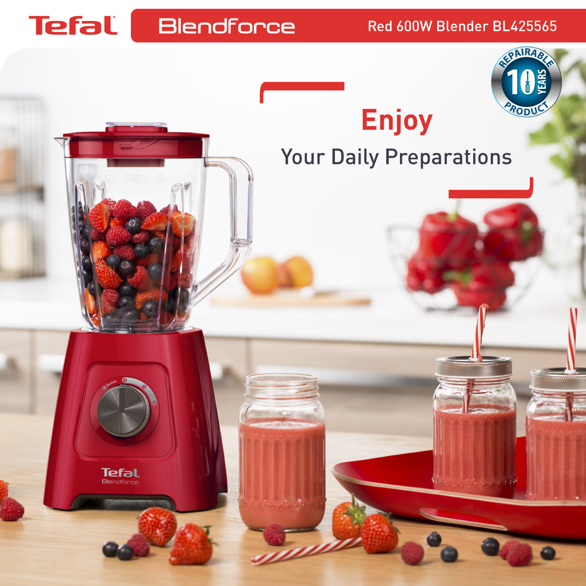 Tefal Blender Blendforce 2 (Red) BL4255, 600W, 2L, Air cooling system, Smart lock, Powelix technology, Crush ice