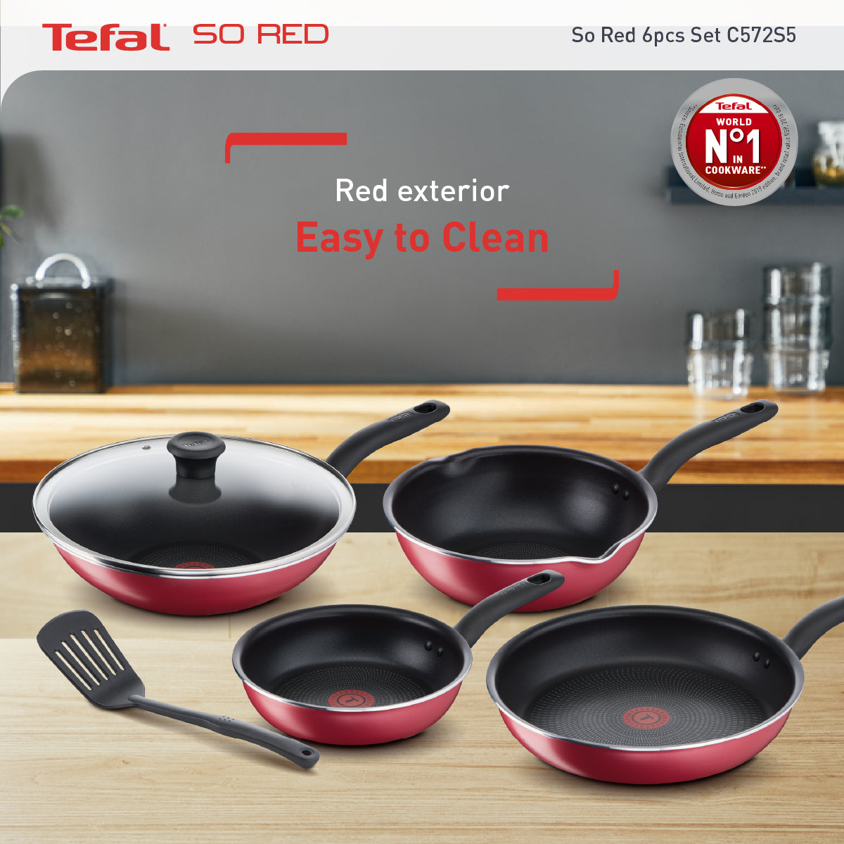 Tefal So Red 6pc Set (Frypan 20cm + Frypan 28cm + Wokpan 28cm With Lid + Deep Frypan 24cm + Spatula) C584S6