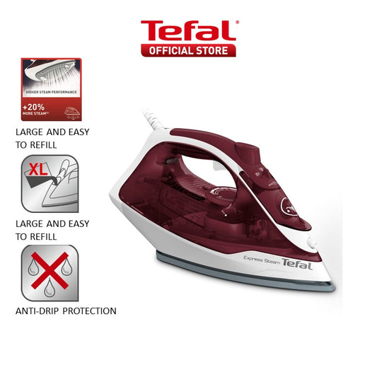 Tefal Express Steam Ceramic Soleplate Iron 270ml 2600W (Red) FV2869  Powerful, Anti-Drip, Enhanced Safety, Convenient, Easy-to-Use