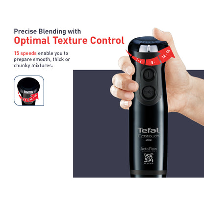 Tefal Hand Blender Optitouch HB8338, 600W, Ergonomic handle, Anti-splash guard, ActiveFlow technology, Optimal texture control