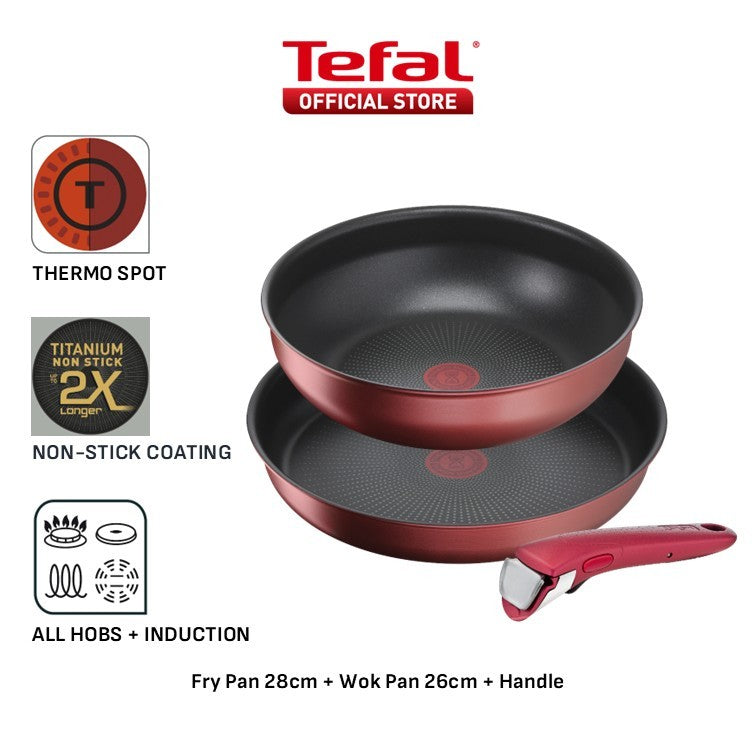 Tefal Ingenio Daily Chef Induction Frypan, Wok Pan, Cookware Set Red 26cm/28cm/3pcs