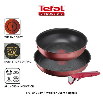 Tefal Ingenio Daily Chef Induction Frypan, Wok Pan, Cookware Set Red 26cm/28cm/3pcs