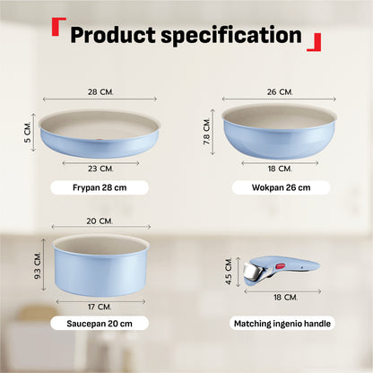 Tefal Ingenio Serenity Cookware Set - 4pc (Frypan 28cm + Wokpan 26cm+ Saucepan 20cm + Handle)