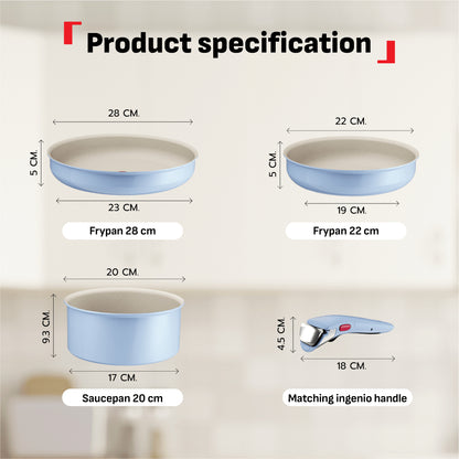 Tefal Ingenio Serenity Cookware Set - 4pc (Frypan 22cm + Frypan 28cm+ Saucepan 20cm + Handle)