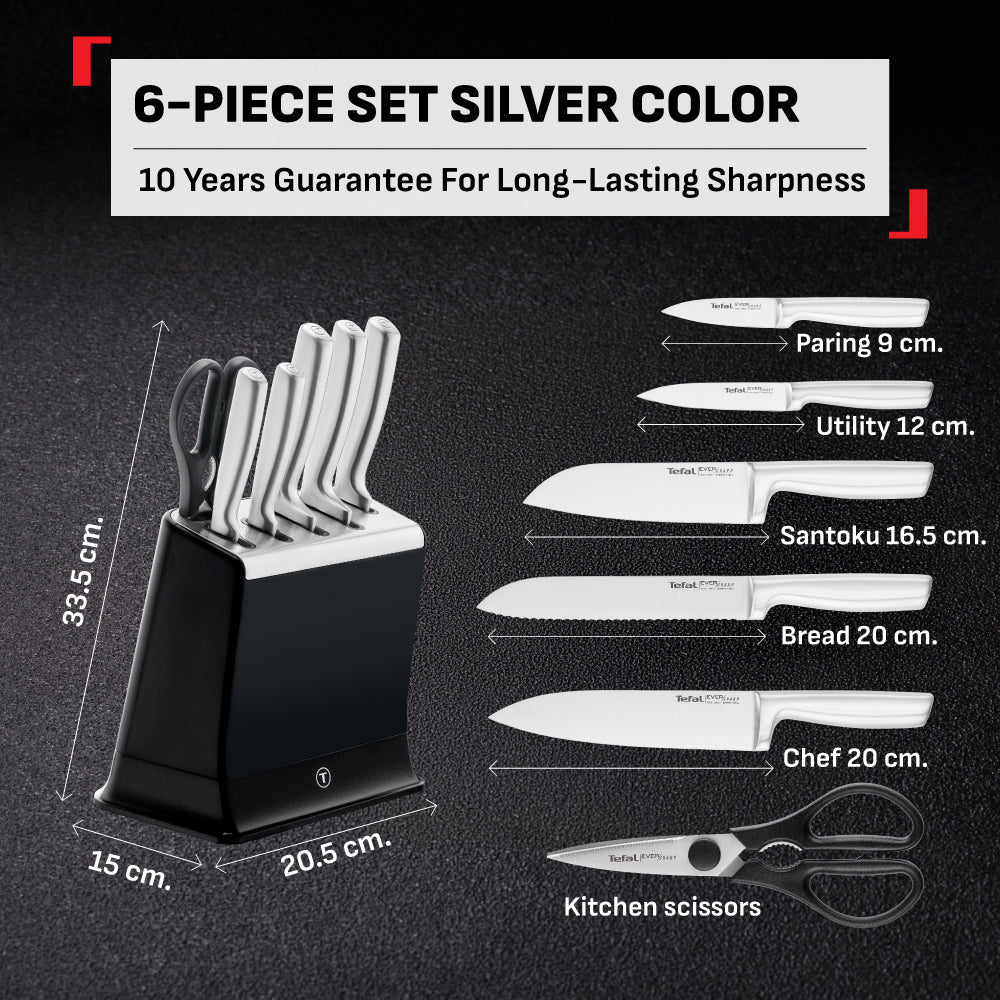 Tefal EverSharp SS 6pcs Knife Set with Scissors, Self-Sharpening Block, Integrated Sharpener, German SS, Always Sharp