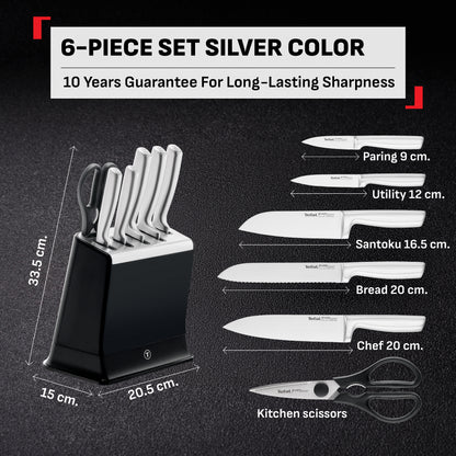 Tefal EverSharp SS 6pcs Knife Set with Scissors, Self-Sharpening Block, Integrated Sharpener, German SS, Always Sharp