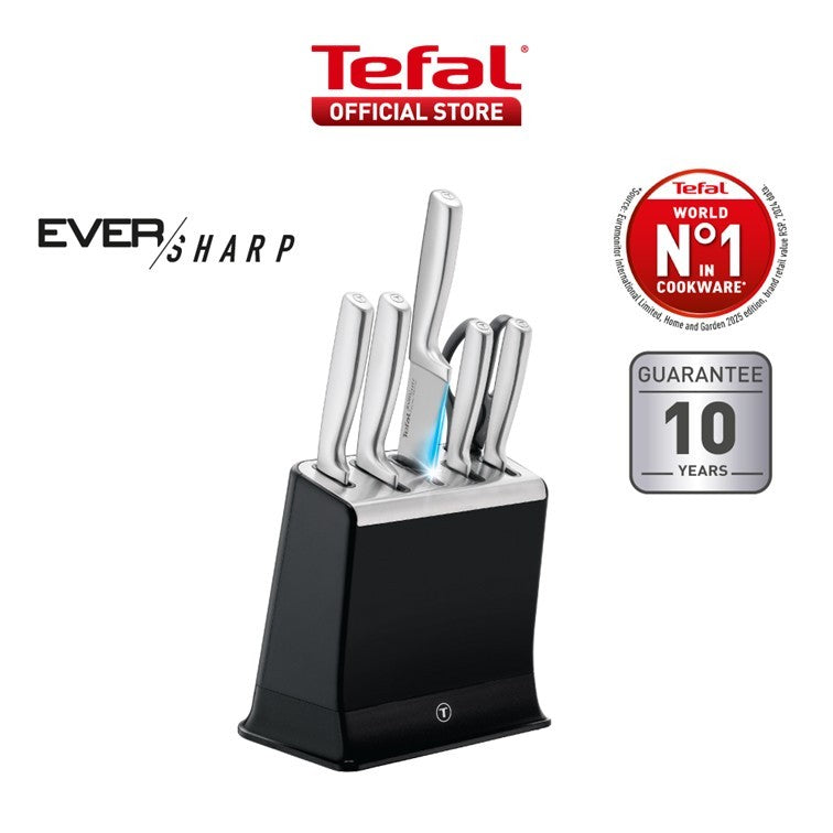 Tefal EverSharp SS 6pcs Knife Set with Scissors, Self-Sharpening Block, Integrated Sharpener, German SS, Always Sharp