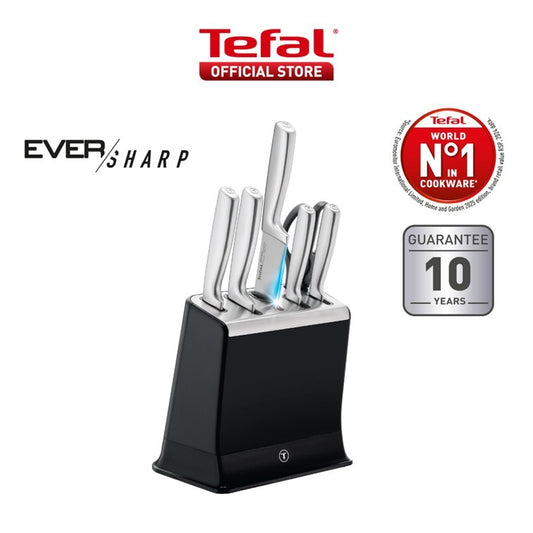 Tefal EverSharp SS 6pcs Knife Set with Scissors, Self-Sharpening Block, Integrated Sharpener, German SS, Always Sharp