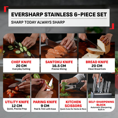 Tefal EverSharp SS 6pcs Knife Set with Scissors, Self-Sharpening Block, Integrated Sharpener, German SS, Always Sharp