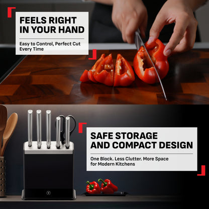 Tefal EverSharp SS 6pcs Knife Set with Scissors, Self-Sharpening Block, Integrated Sharpener, German SS, Always Sharp