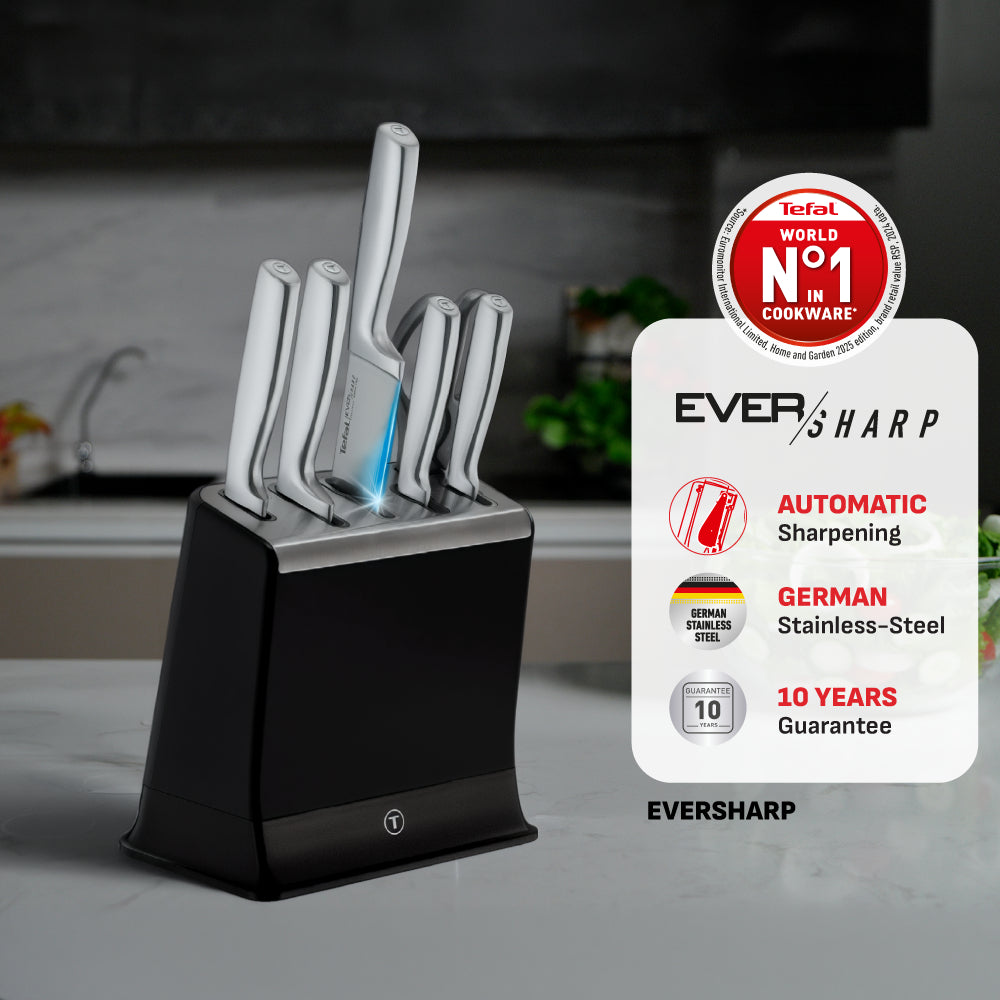 Tefal EverSharp SS 6pcs Knife Set with Scissors, Self-Sharpening Block, Integrated Sharpener, German SS, Always Sharp
