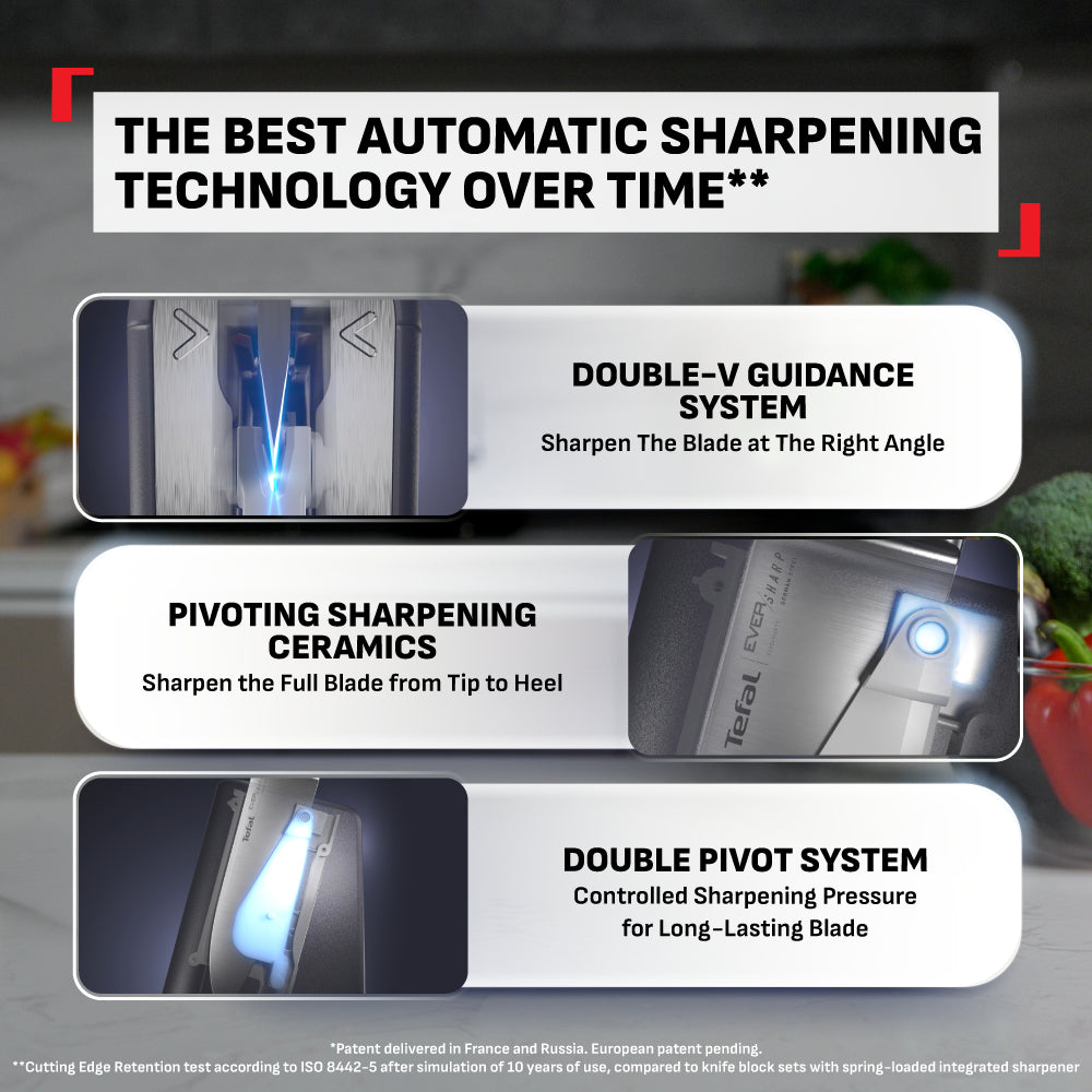 Tefal EverSharp SS 6pcs Knife Set with Scissors, Self-Sharpening Block, Integrated Sharpener, German SS, Always Sharp