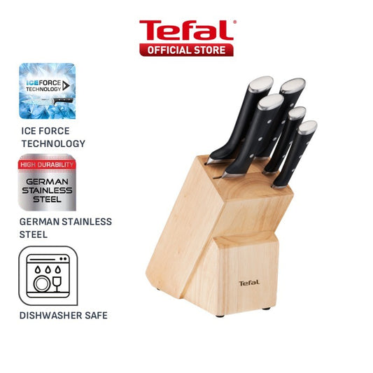 Tefal Ice Force 6 Pcs Knife Set K232S574 - Chef 20cm, Bread 20m, Santoku 18cm, Utility 11cm, Paring 9cm, Wooden Block