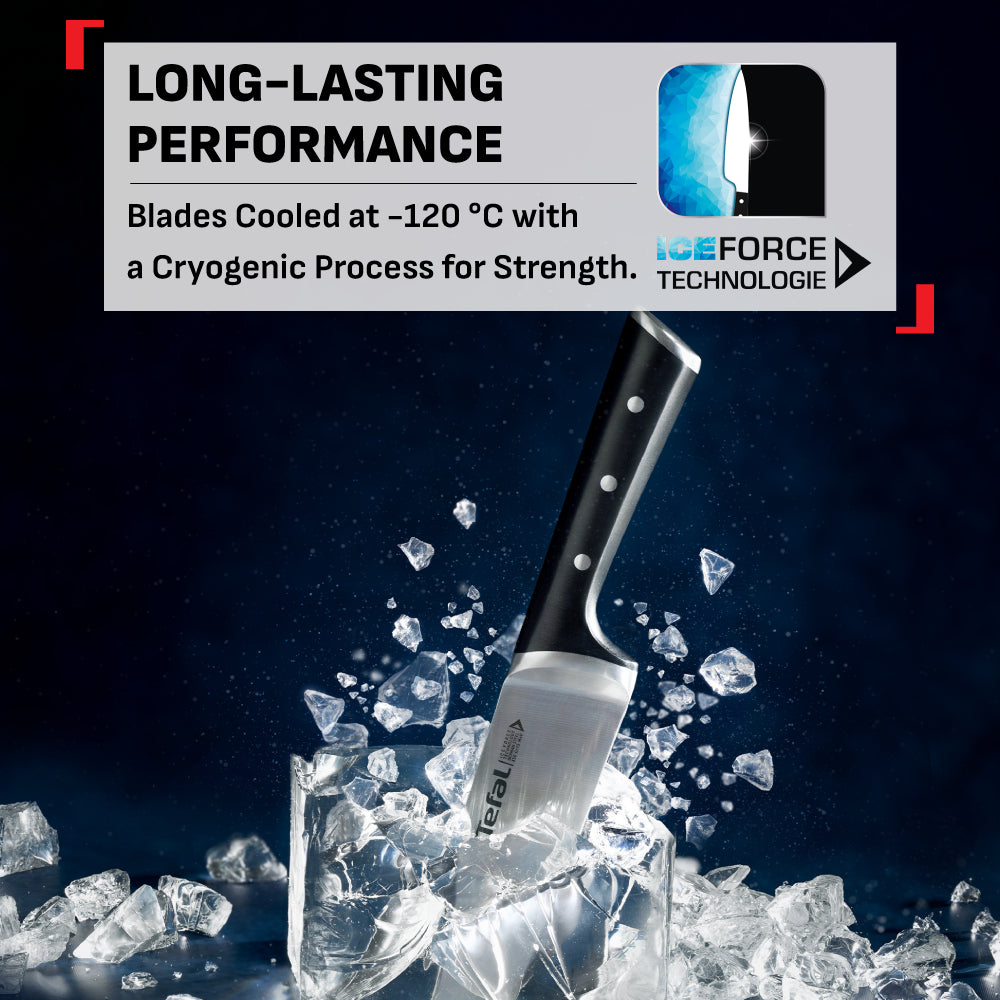 Tefal Ice Force 6 Pcs Knife Set K232S574 - Chef 20cm, Bread 20m, Santoku 18cm, Utility 11cm, Paring 9cm, Wooden Block