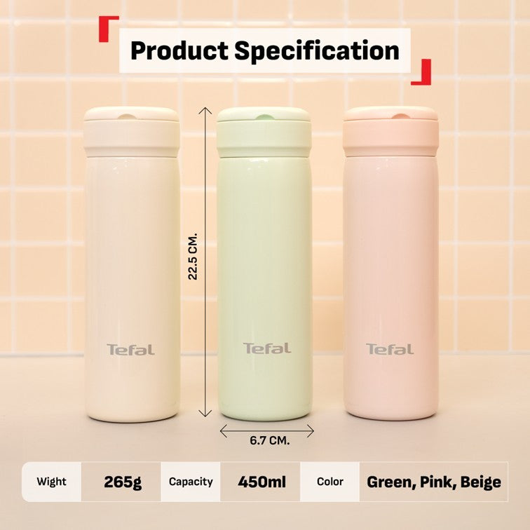 Tefal Mobility 450ml Vacuum Insulated Thermal Bottle - 6 hr Hot, 12 hr Cold, 316L Superior Stainless Steel, Leakproof
