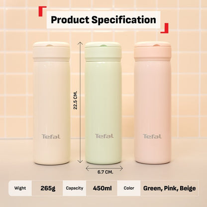 Tefal Mobility 450ml Vacuum Insulated Thermal Bottle - 6 hr Hot, 12 hr Cold, 316L Superior Stainless Steel, Leakproof