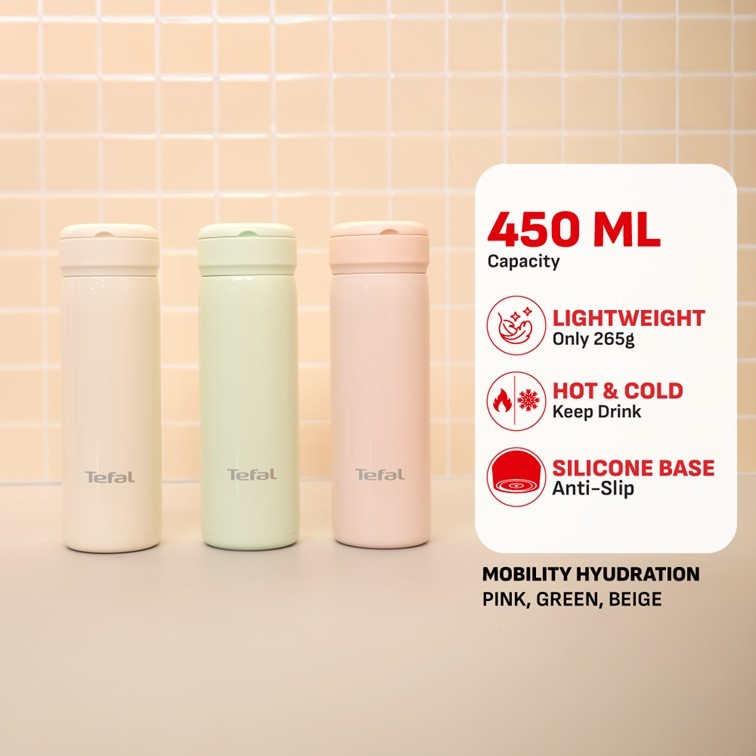 Tefal Mobility 450ml Vacuum Insulated Thermal Bottle - 6 hr Hot, 12 hr Cold, 316L Superior Stainless Steel, Leakproof