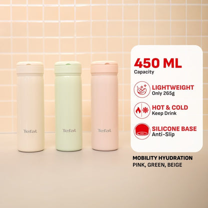 Tefal Mobility 450ml Vacuum Insulated Thermal Bottle - 6 hr Hot, 12 hr Cold, 316L Superior Stainless Steel, Leakproof
