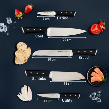 Tefal Ice Force 6 Pcs Knife Set K232S574 - Chef 20cm, Bread 20m, Santoku 18cm, Utility 11cm, Paring 9cm, Wooden Block