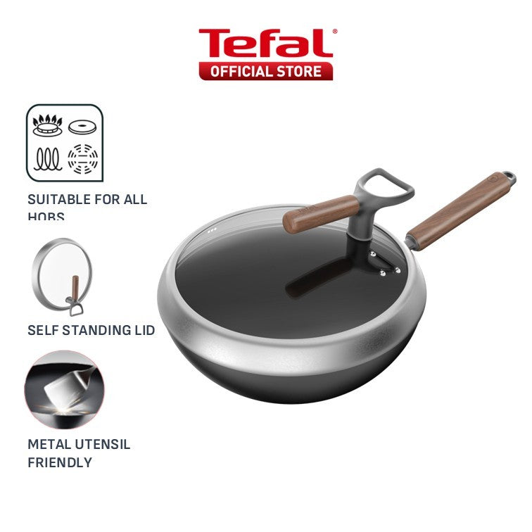 Tefal Tradition Pro Induction Wok Pan 30cm with Standing Lid  G62184 - Iron, Aluminium, Rust Free, Metal Utensil Scratch